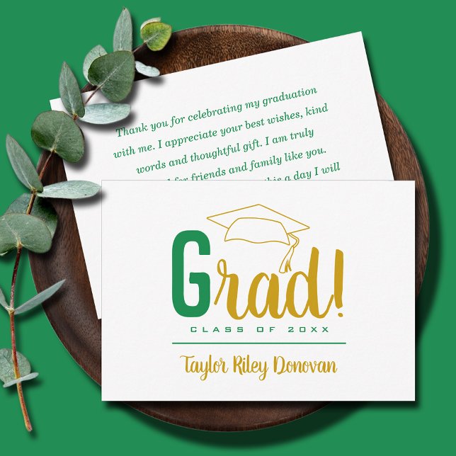 Chic Gold and Green Grad Cap Graduation Note Card (3.5" x 5" green and gold Grad and graduation cap flat note cards, your message on the back)