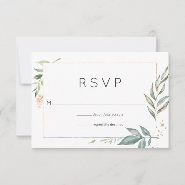 Chic Gold and Greenery Geometric Wedding RSVP Card (Front)