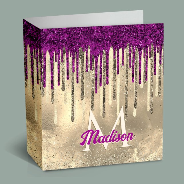 Chic gold and hot pink drips monogram 3 ring binder (Creator Uploaded)