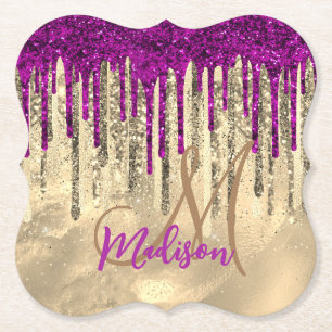 Chic gold and hot pink drips monogram paper coaster