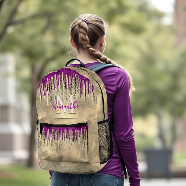 Chic gold and hot pink drips monogram printed backpack (Creator Uploaded)