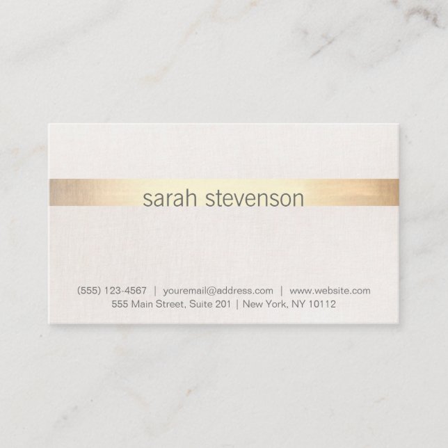 Chic Gold and Linen Texture "Look" Striped Modern Business Card (Front)