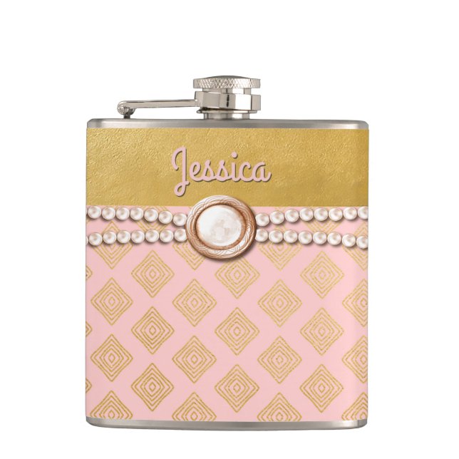 Chic Gold and Pink Bridesmaid Custom Flask (Front)