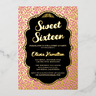 Chic Gold and Pink Leopard Print Sweet 16 Foil Invitation