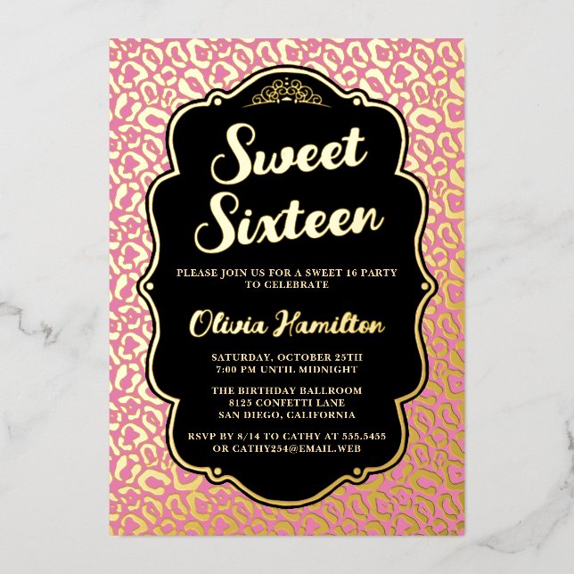 Chic Gold and Pink Leopard Print Sweet 16 Foil Invitation (Front)