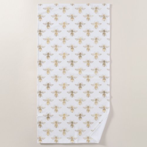 Chic Gold and White Bee Patterned Beach Towel