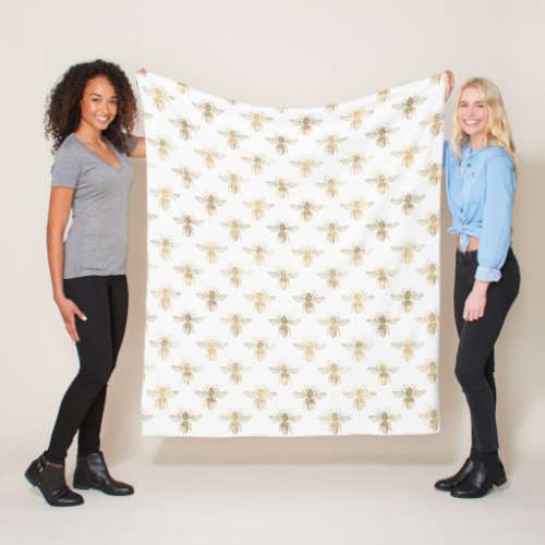 Chic Gold and White Bee Patterned Fleece Blanket