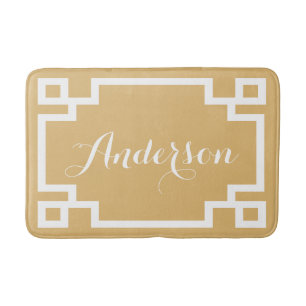 Chic Gold and White Greek Key Custom Monogram Bathroom Mat