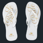 chic Gold and White The Bride Elegant Wedding Flip Flip Flops<br><div class="desc">elegant wedding flip flops. Designed for the bride,  they feature a simple yet elegant design with gold colored script lettering on a white background . Beautiful way to stay fancy and appropriate while giving your feet a break after a long day.</div>