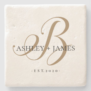  Chic Gold B Monogram Script Name Wedding Date Stone Coaster