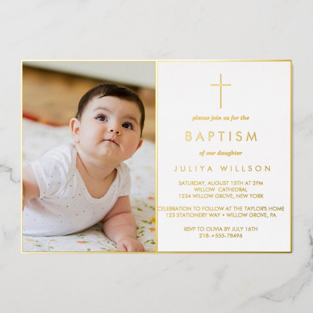 Chic Gold  Baptism photo  Foil Invitation (Front)