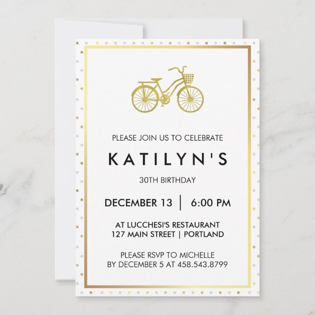Chic Gold Bicycle with Gold and Silver Polka Dots Invitation (Front)