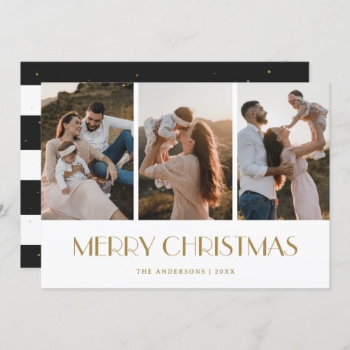 Chic Gold Black and White 3 Photo Merry Christmas Holiday Card