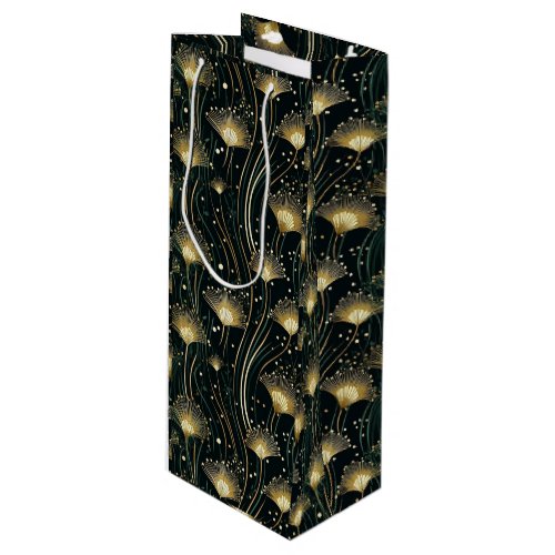 Chic gold black art deco floral wine gift bag