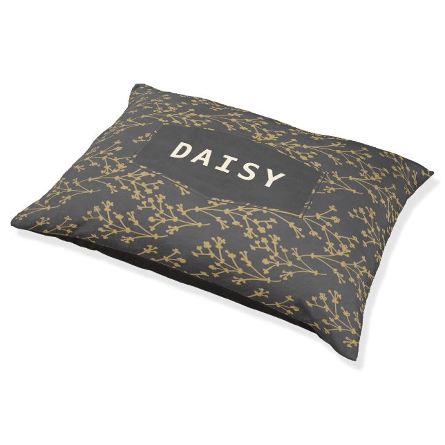 Chic Gold Black Botanical Personalized Dog Pet Bed (Angled)