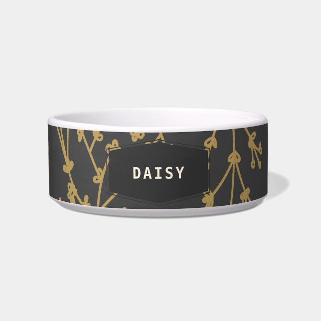 Chic Gold Black Botanical Personalized Pet Bowl (Front)