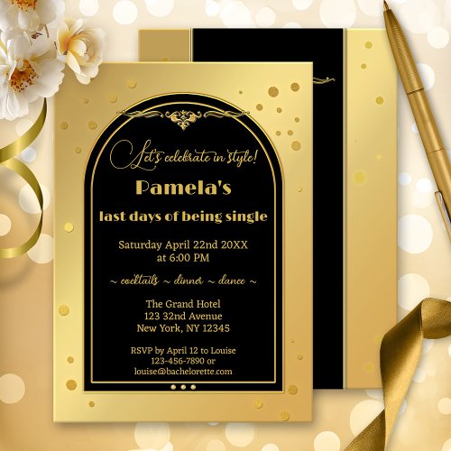 Chic Gold Black Confetti Bachelorette Party Invitation