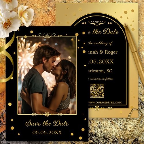 Chic Gold Black Confetti Photo Save the Date