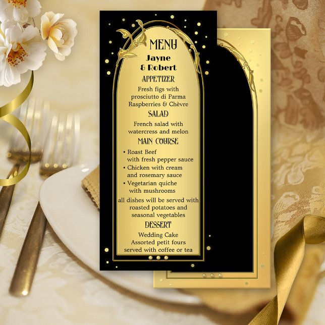 Chic Gold Black Deco Style Wedding Menu (Elegant menu card featuring a gold and black design with sparkling confetti.)