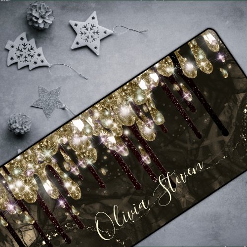 Chic gold black drippings glitter monogram desk mat