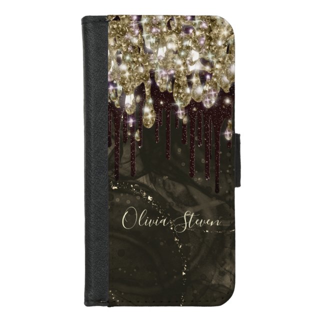 Chic gold black drippings glitter monogram iPhone wallet case (Front)