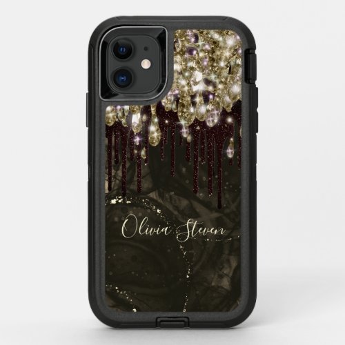 Chic gold black drippings glitter monogram OtterBox defender iPhone 11 case