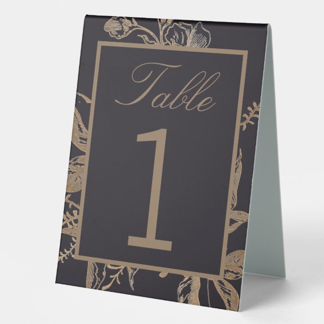 Chic Gold & Black Faux Metal Floral Photo Wedding Table Tent (Front)