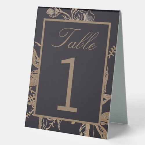 Chic Gold  Black Faux Metal Floral Photo Wedding Table Tent Sign