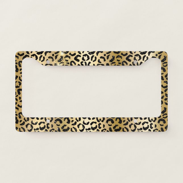 Chic Gold Black Glitter Leopard Print License Plate Frame (Front)