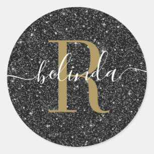 Chic Gold Black Glitter Monogram Name Classic Round Sticker