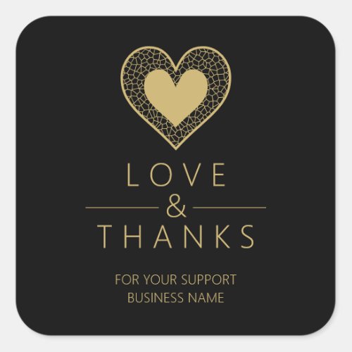 Chic Gold Black Heart Lace Effect Love  Thanks Square Sticker