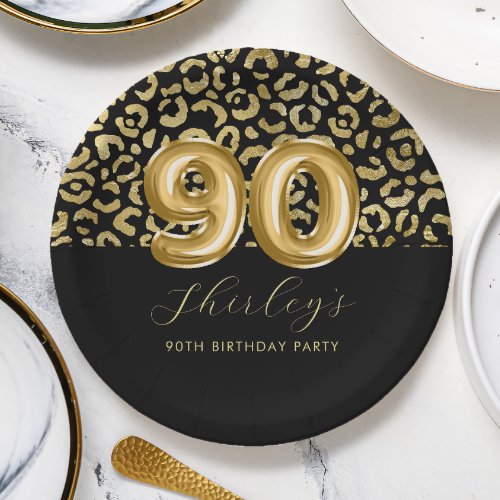 Chic Gold Black Leopard Print 90th Birthday Paper Plates