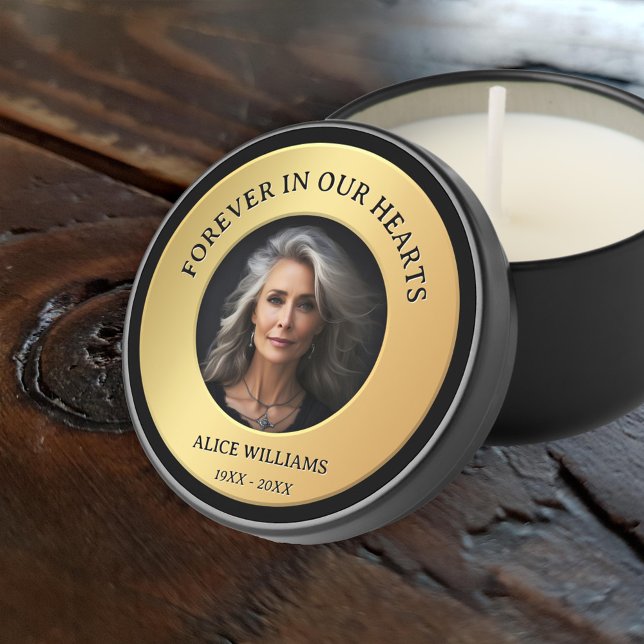 Chic Gold Black Memorial Keepsake Mini Candle Favors (Forever in our hearts gold black memorial or sympathy photo mini candle favors)