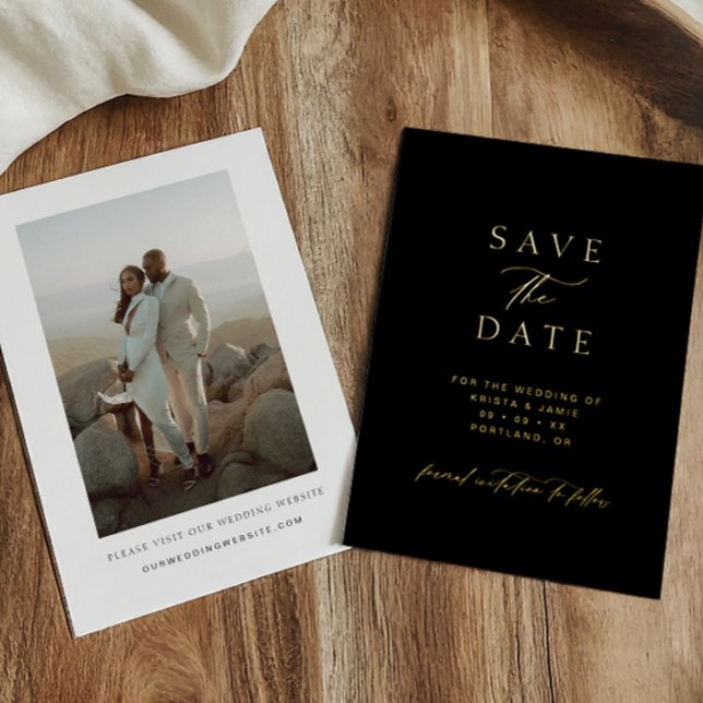 Chic Gold & Black Photo Wedding Save the Date Foil Invitation (Creator Uploaded)