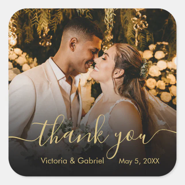 Chic Gold Black Script Wedding Thank You Photo Square Sticker | Zazzle