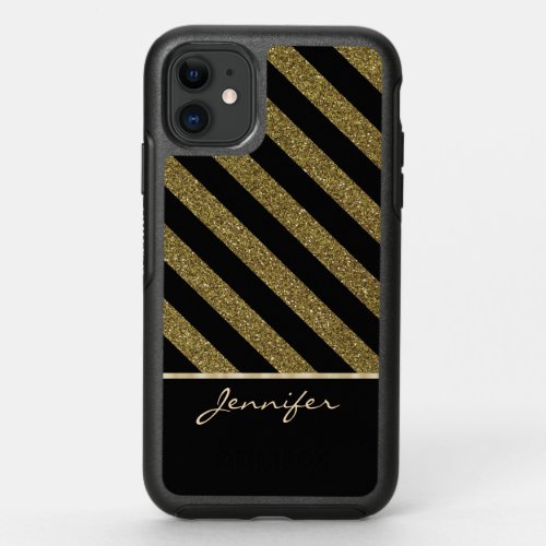 Chic Gold Black Stripe Sparkle Personalized OtterBox Symmetry iPhone 11 Case