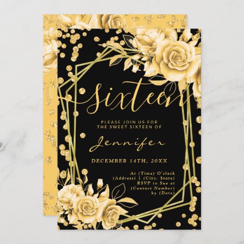 Chic Gold Black Sweet 16 Glitter Floral Frame Invitation