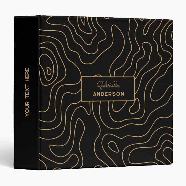 Chic Gold & Black Topography Abstract Line 3 Ring Binder (Front/Spine)
