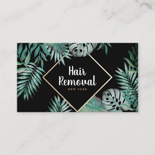 Chic gold black tropical green watercolor leaves business card