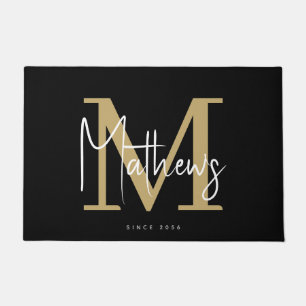 Chic Gold Black White Monogram Family Name Doormat