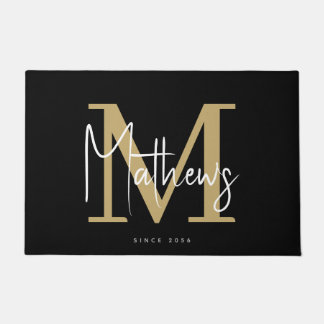 Chic Gold Black White Monogram Family Name Doormat
