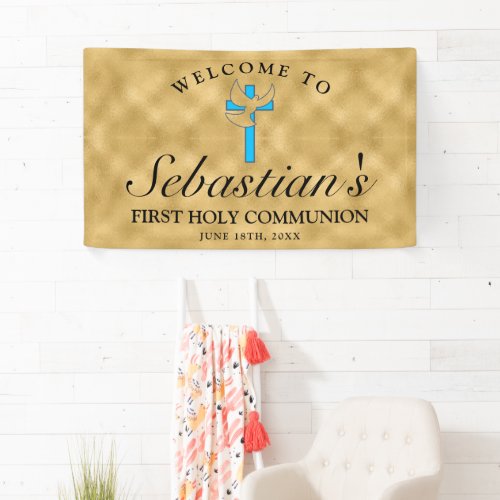 Chic Gold Blue Cross Dove First Communion Welcome Banner