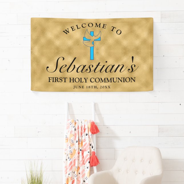 Chic Gold Blue Cross Dove First Communion Welcome Banner (Insitu)