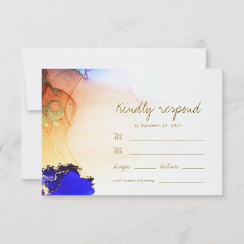 Chic Gold Blue Orange Abstract Wedding RSVP Card
