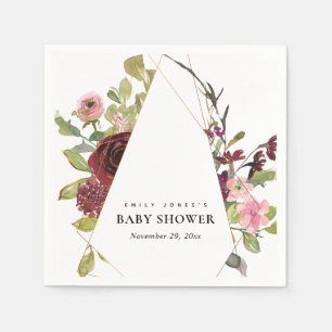 CHIC GOLD BLUSH BURGUNDY ROSE FLORAL BABY SHOWER NAPKINS