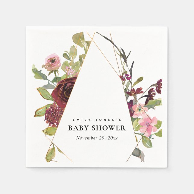 CHIC GOLD BLUSH BURGUNDY ROSE FLORAL BABY SHOWER NAPKINS (Front)