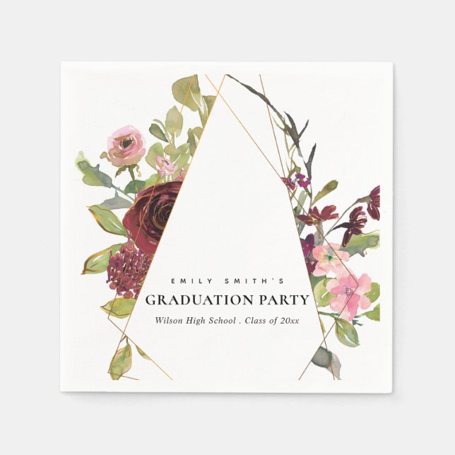 CHIC GOLD BLUSH BURGUNDY ROSE FLORAL GRADUATION NAPKINS (Front)