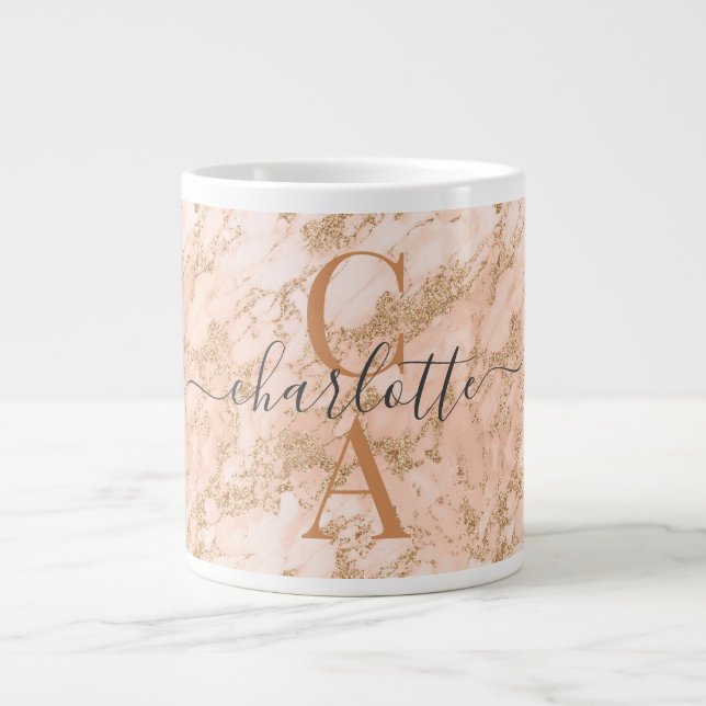 Chic Gold Blush Pink Marble Glitter Initials Name Giant Coffee Mug (Front)