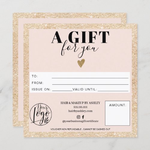 Chic gold blush pink square gift certificate logo