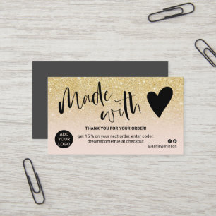 Chic gold blush pink thank you made with love business card